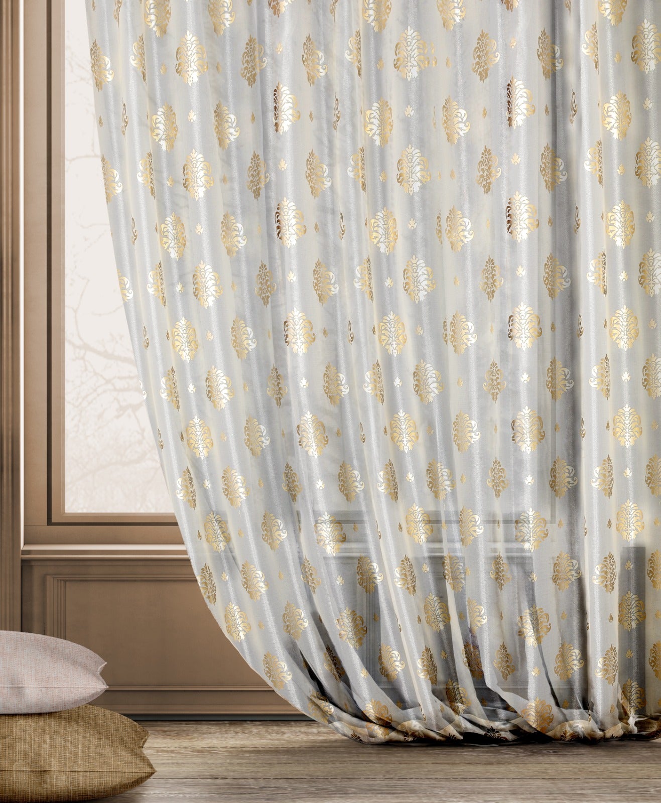 Berlin Gold Sheer Curtain with Elegant Foil Damask Pattern– Luxurious Opulence
