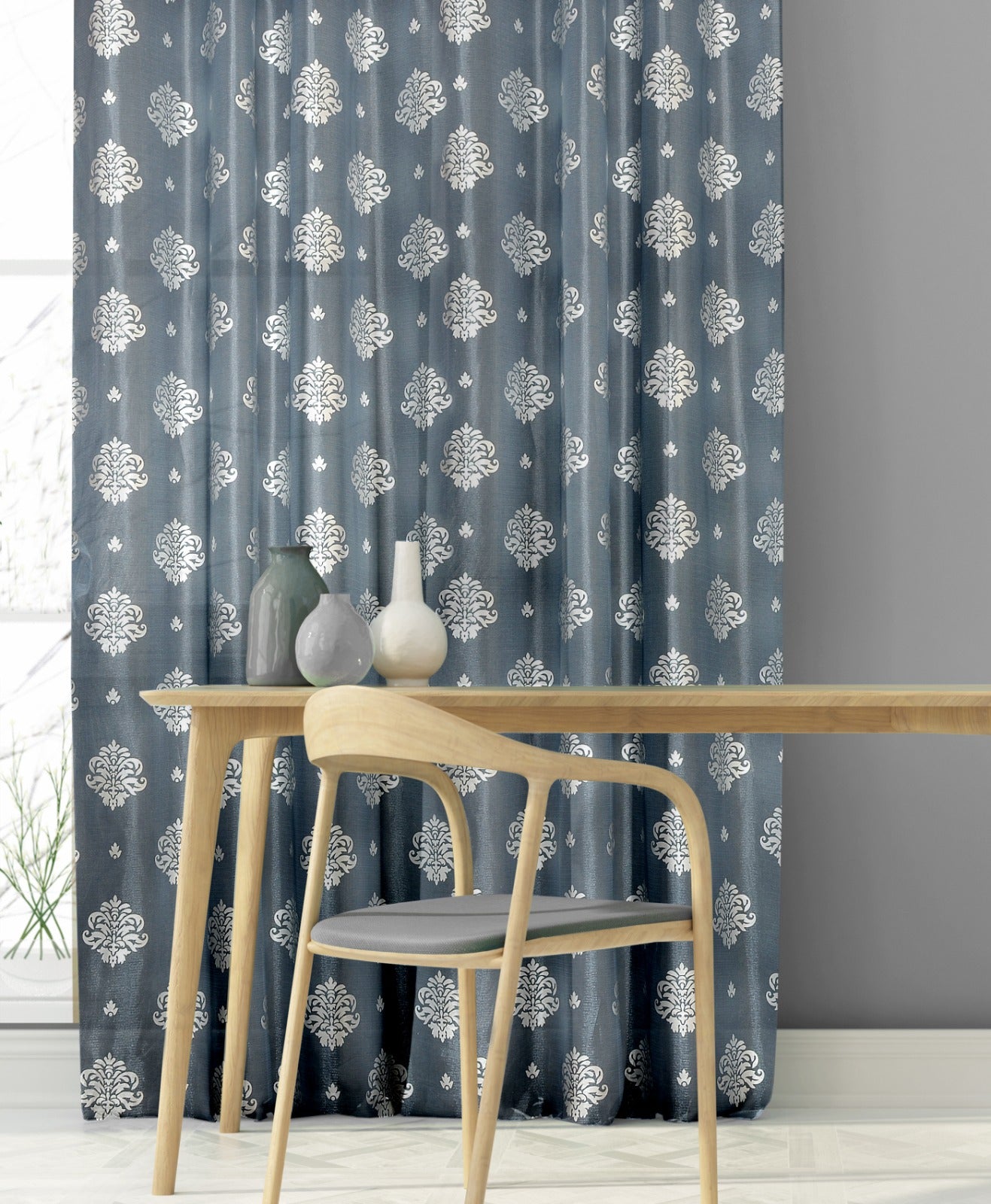 Berlin Grey Sheer Curtain with Elegant Foil Damask Pattern-Timeless Sophistication