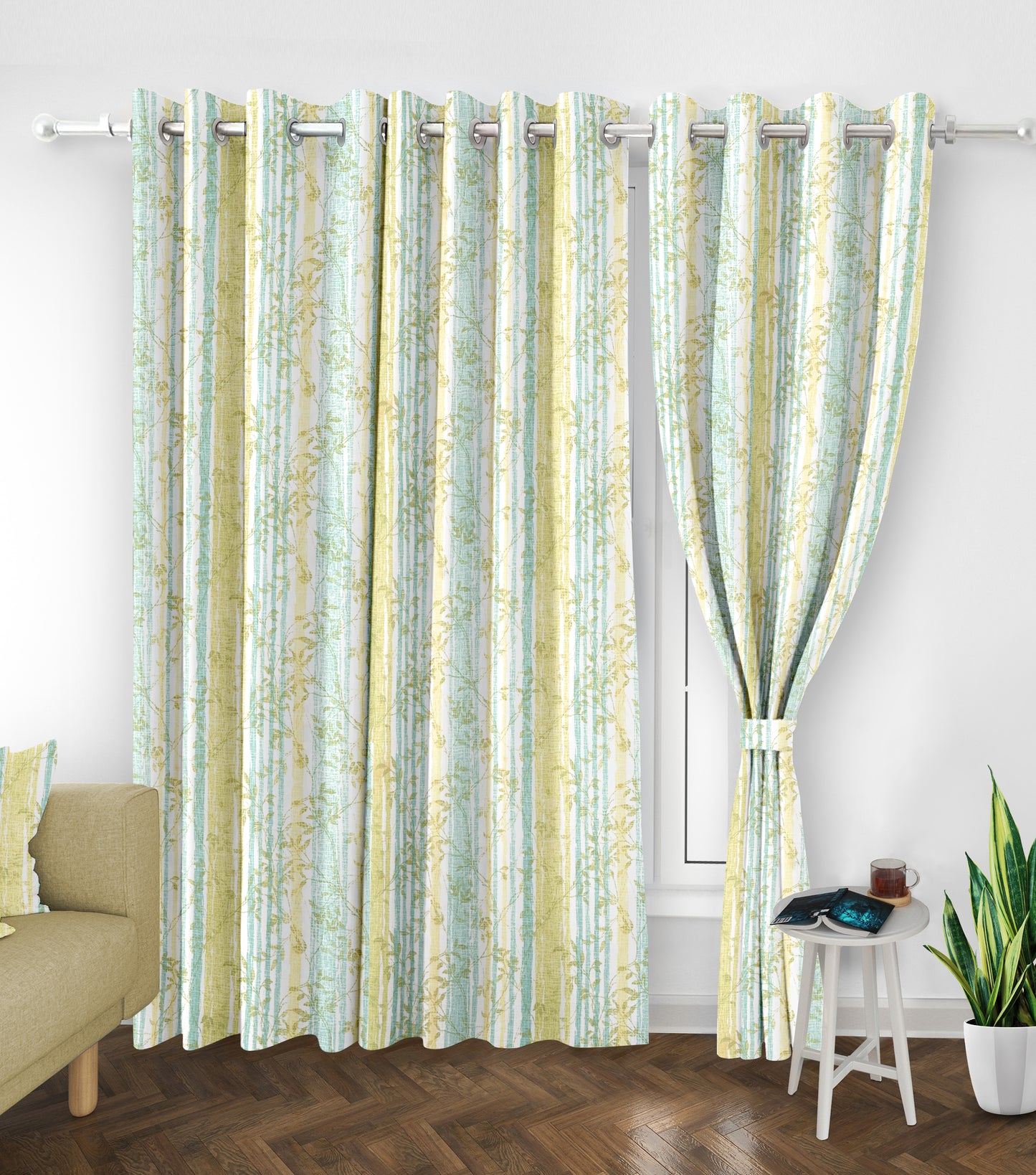 Famina Green Curtains – Refreshing Floral Stripes for a Natural and Modern Look