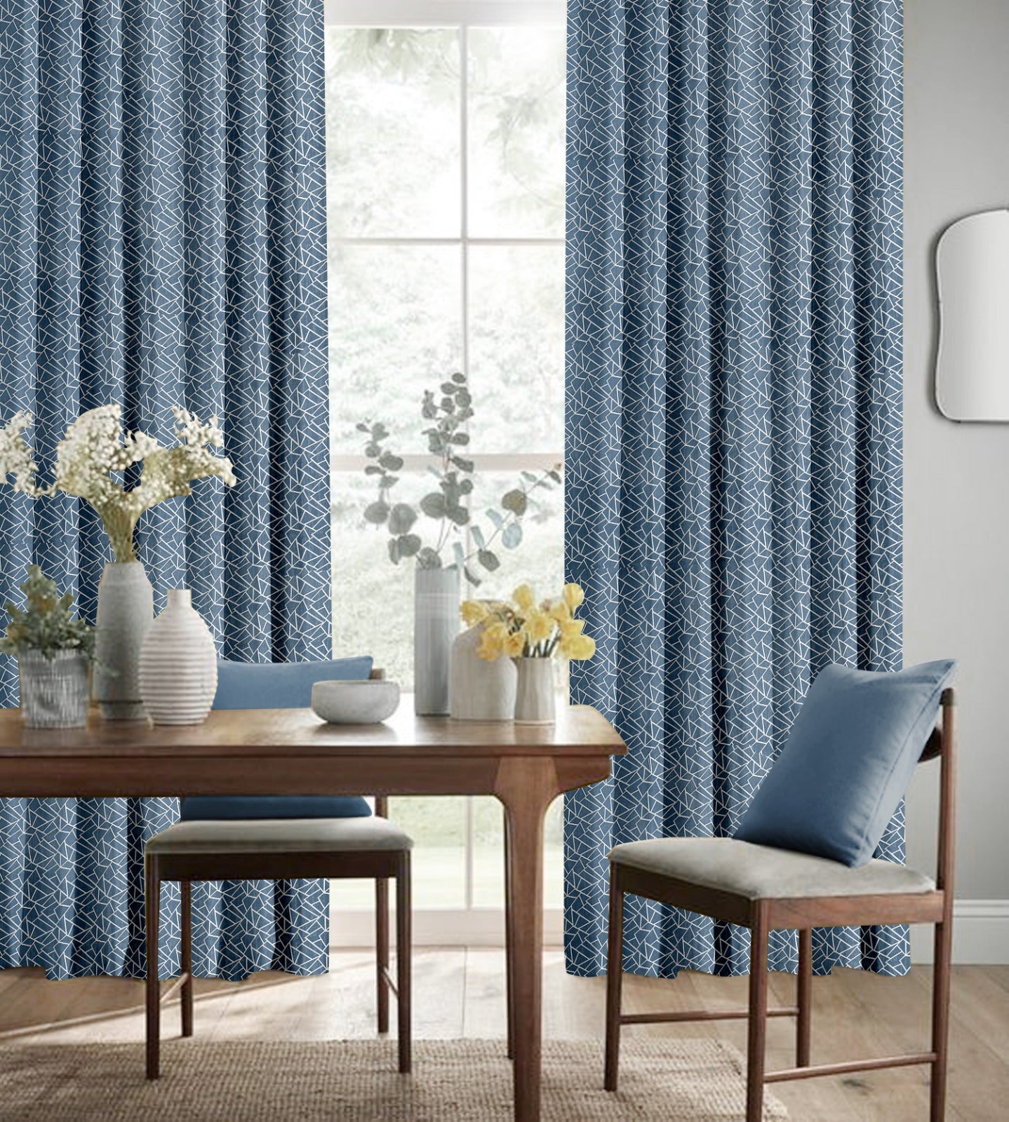 Radiance Silver Blue Curtains – Modern Geometric Elegance for Sophisticated Spaces