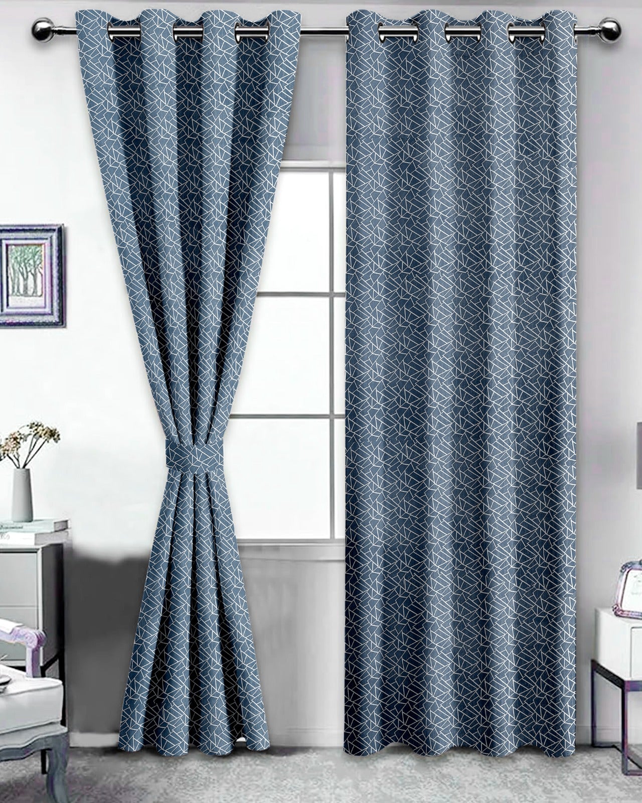 Radiance Silver Blue Curtains – Modern Geometric Elegance for Sophisticated Spaces