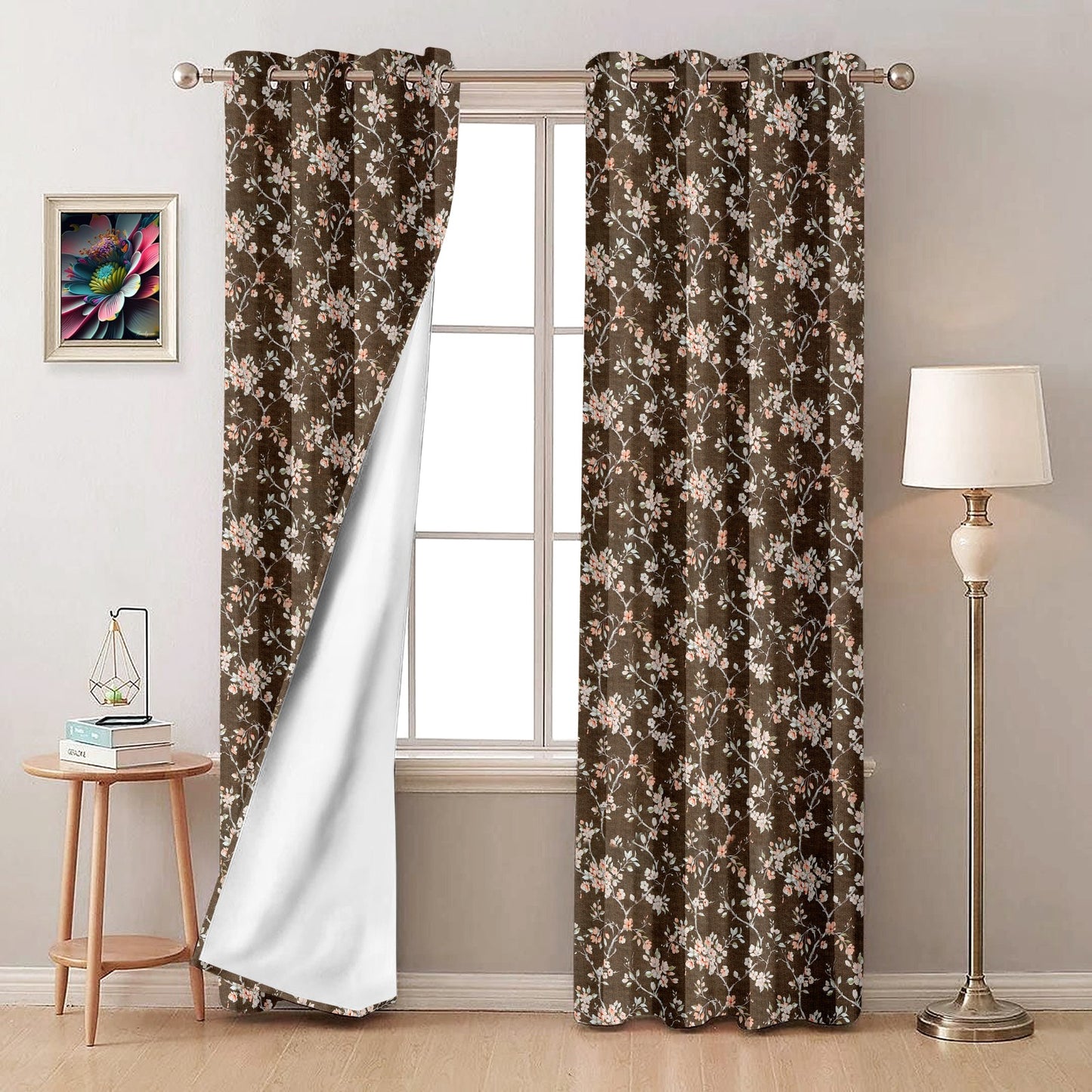 Comic Coffee Brown Blackout Curtains – Warm Floral Sophistication with Light-Blocking Comfort