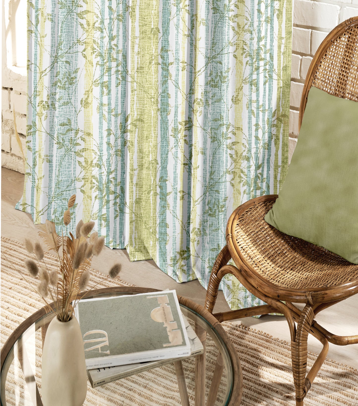 Famina Green Curtains – Refreshing Floral Stripes for a Natural and Modern Look