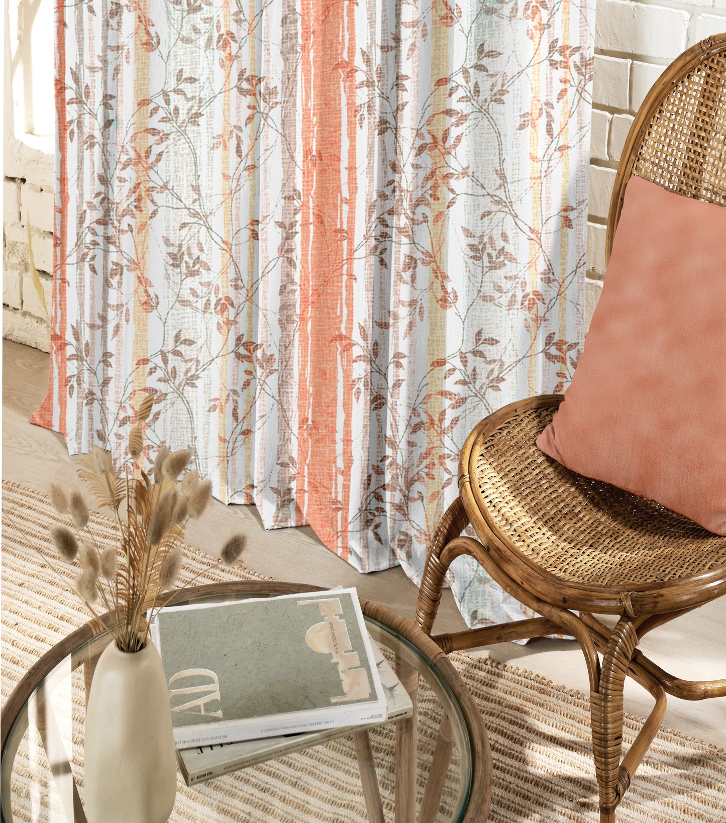 Famina Peach Curtains – Delicate Floral Stripes for a Fresh and Elegant Look