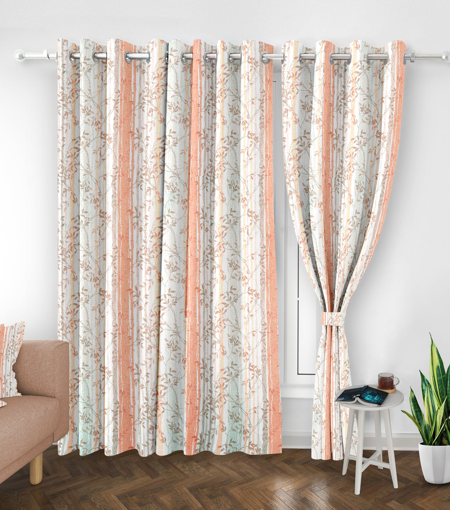 Famina Peach Curtains – Delicate Floral Stripes for a Fresh and Elegant Look