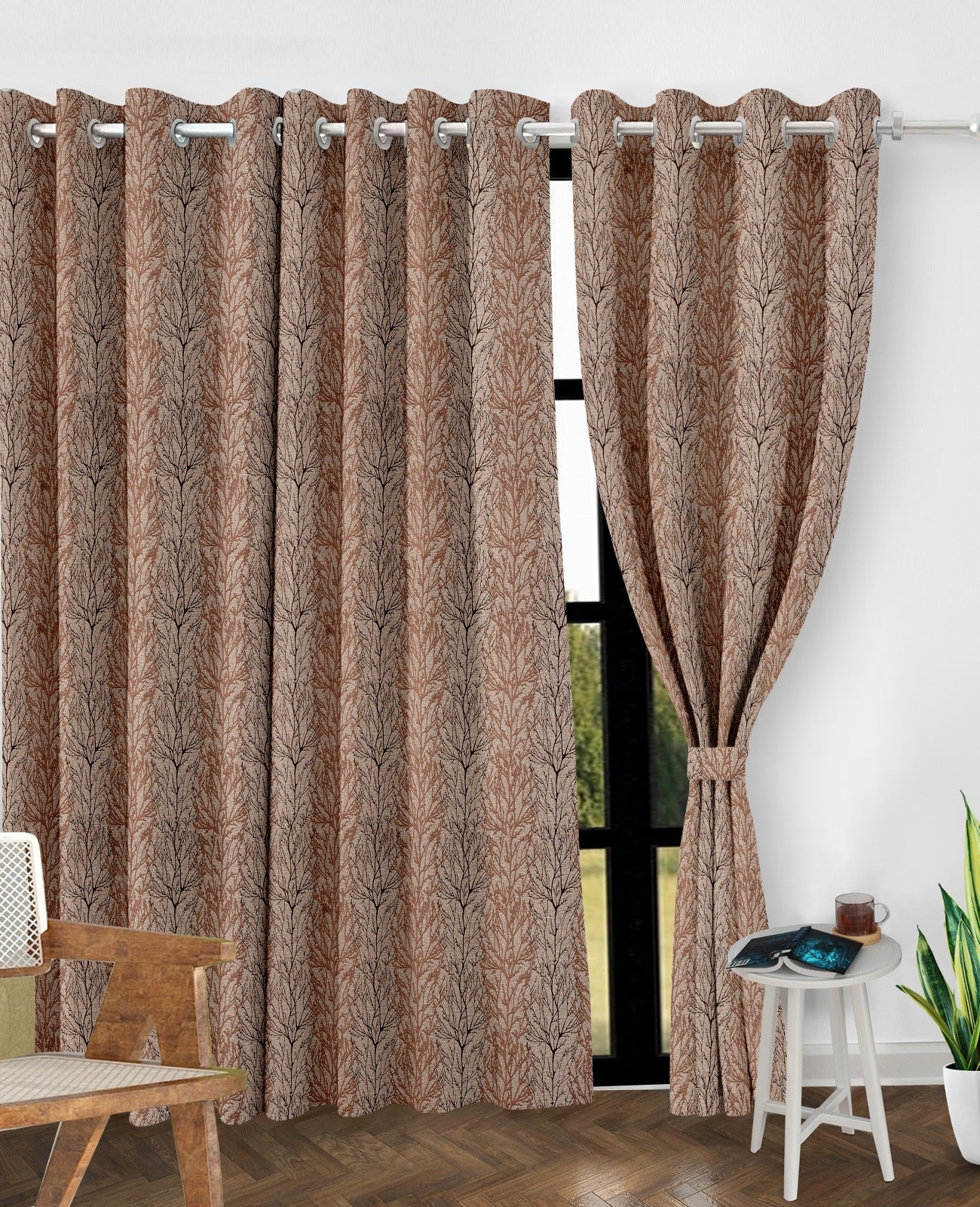 Juliet Brown Curtains – Elegant Tree Design with a Warm Rustic Appeal