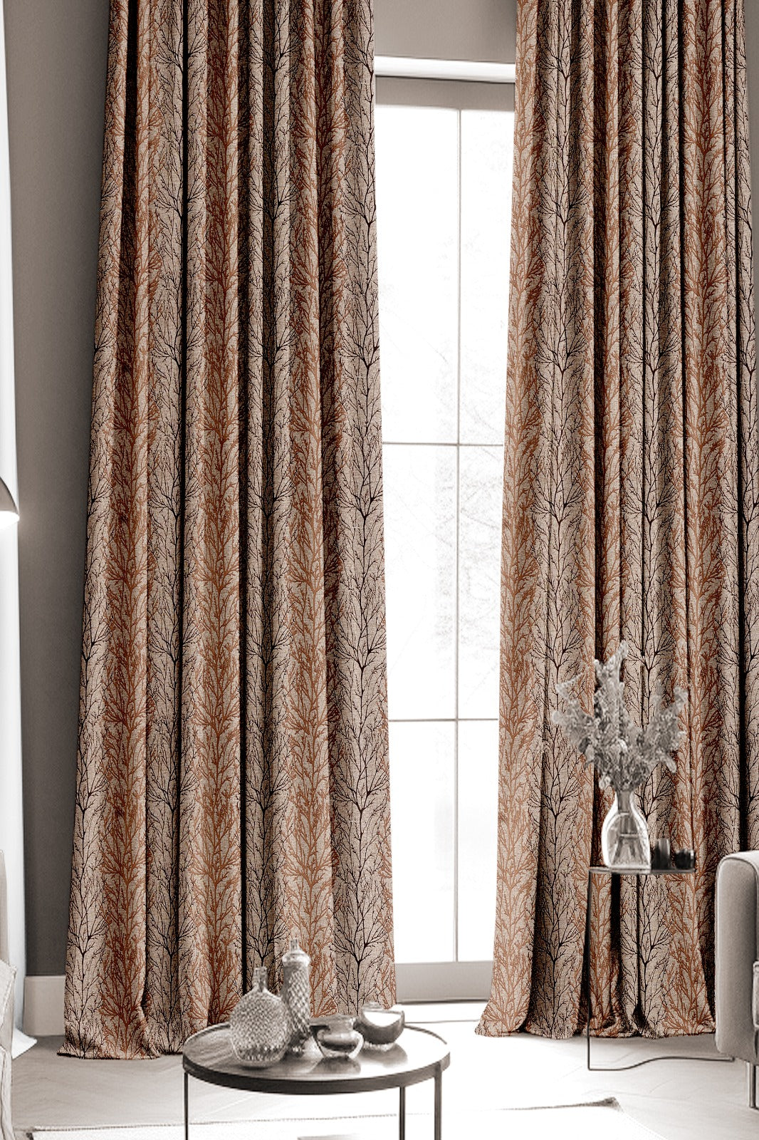 Juliet Brown Curtains – Elegant Tree Design with a Warm Rustic Appeal