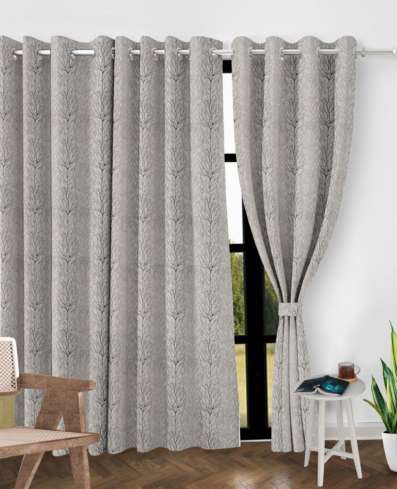 Juliet Grey Curtains – Elegant Tree Pattern for a Serene and Modern Ambiance
