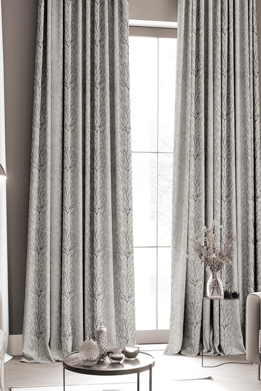 Juliet Grey Curtains – Elegant Tree Pattern for a Serene and Modern Ambiance